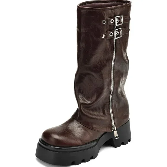 Women's Burgundy Chunky Slouchy Fold Wide Calf Fashion Buckle Knee High Boots - Picture 1 of 5